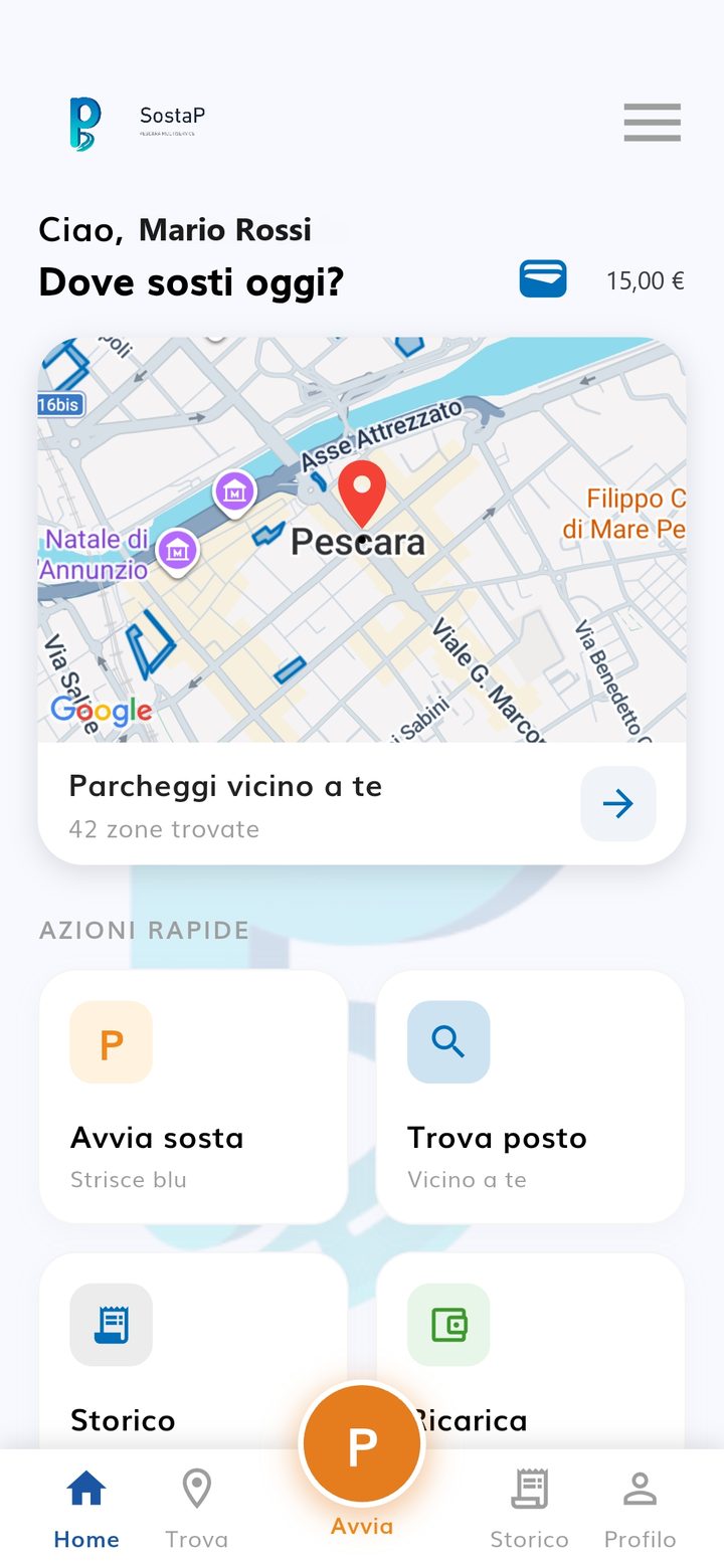 SostaP home screen: map of the car parks nearby and quick actions