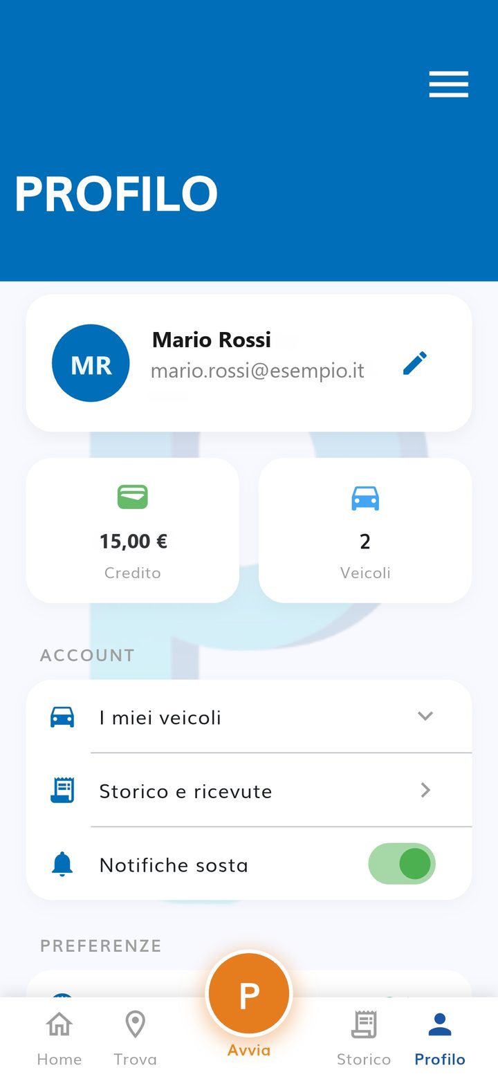 SostaP profile screen: credit, vehicles, history and receipts