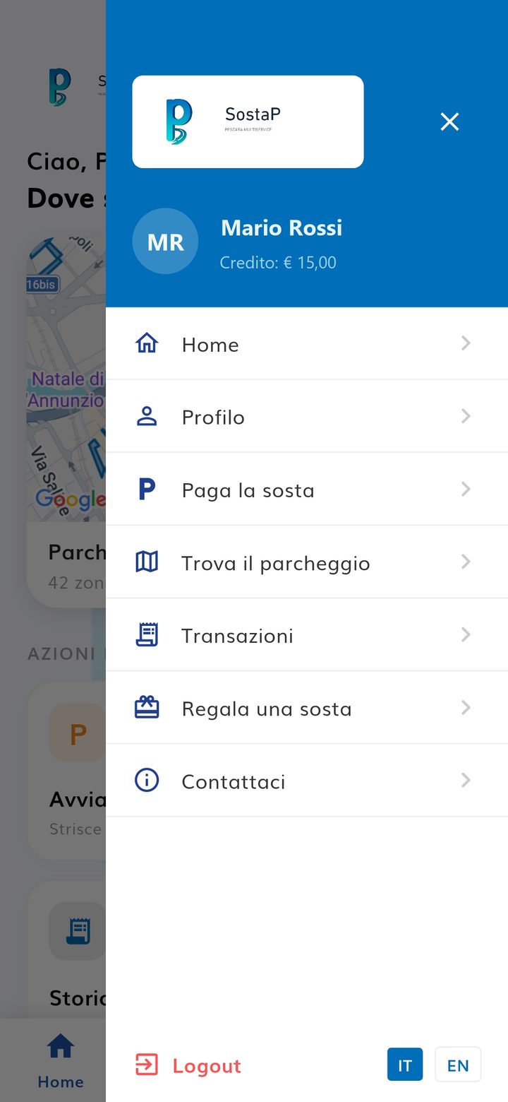 SostaP menu: pay for parking, find a car park, transactions, gift a parking session